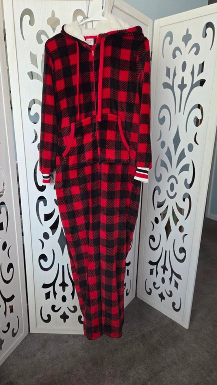 Holiday Time Buffalo Plaid Hooded One Piece Pajamas XS Sherpa Lined Union Suit